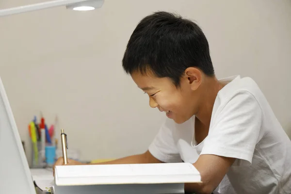 Studying Japanese Boy Dining Room Fifth Grade Elementary School — ストック写真