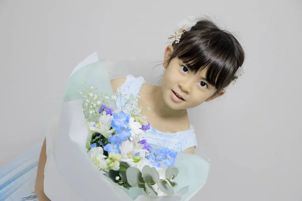 Japanese Girl Dress Bouquet Years Old — стокове фото