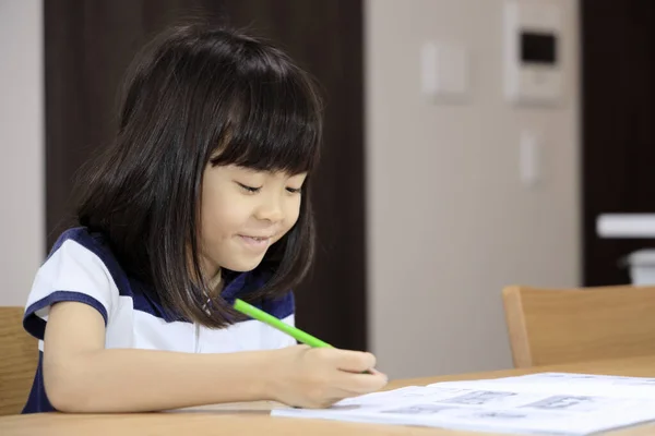 Studying Japanese Girl Dining Room Years Old — Fotografia de Stock