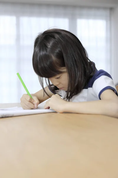 Estudando Menina Japonesa Sala Jantar Anos — Fotografia de Stock