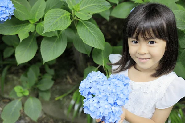 Ιαπωνικό Κορίτσι Και Ορτανσία Ετών Μπλε — Φωτογραφία Αρχείου