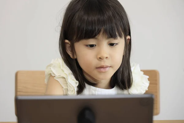 Japanese Girl Watching Video Tablet Years Old — Foto Stock