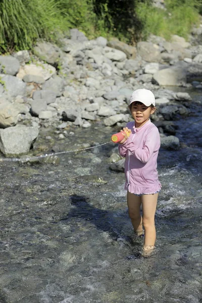 Japanese Student Girl Playing River Water Gun Years Old — Stockfoto
