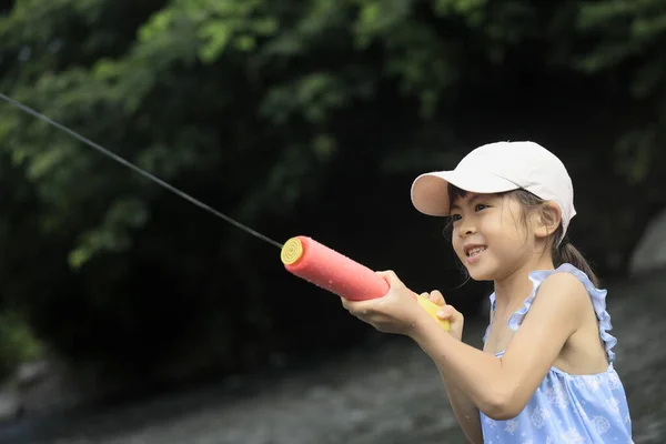 Japanese Student Girl Playing River Water Gun Years Old — Stock Photo, Image