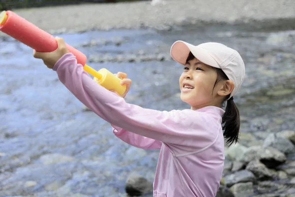Japanese Student Girl Playing River Water Gun Years Old — Foto Stock
