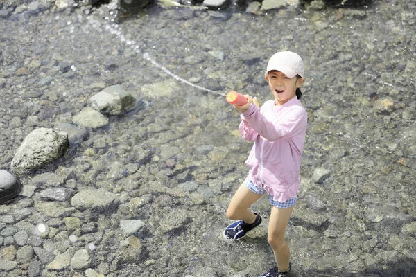 Japanese Student Girl Playing River Water Gun Years Old — 图库照片