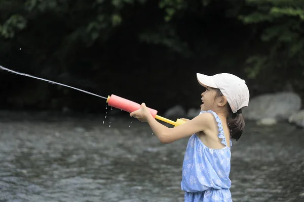 Japanese Student Girl Playing River Water Gun Years Old — Foto Stock
