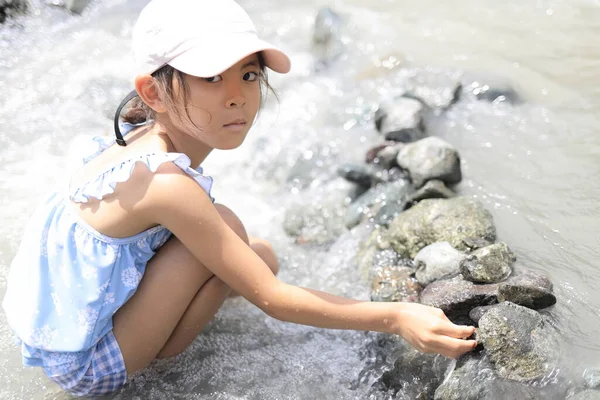 Japanese Student Girl Damming River Stone Years Old — 스톡 사진