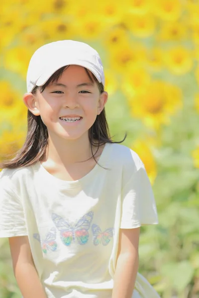 Japanese Girl Sunflower Field Years Old White — Stock Photo, Image