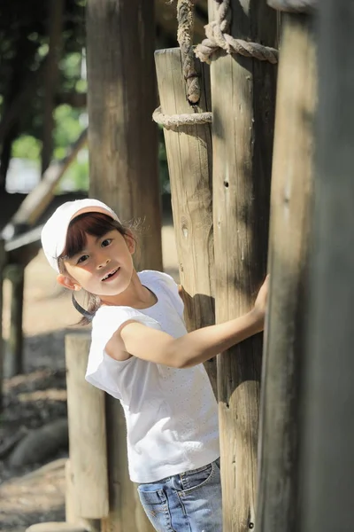 Japanese Student Girl Playing Outdoor Obstacle Course Years Old — Stockfoto