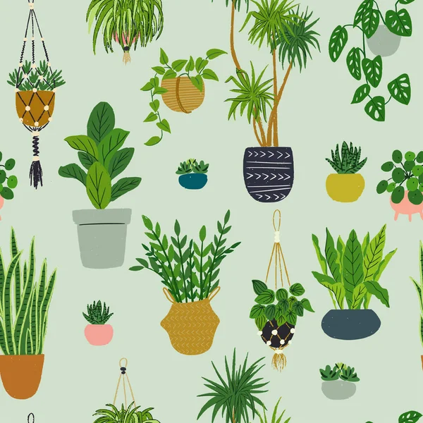 Seamless Pattern Hand Drawn Houseplants Urban Jungle Wallpaper Design Potted — Stock Vector