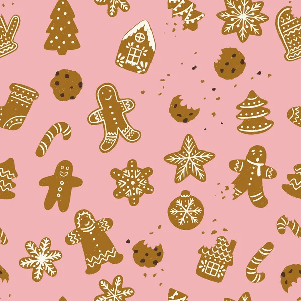 手描きの休日のクッキーの束とシームレスなパターン クリスマスツリー おもちゃ 雪の結晶 ジンジャーブレッドの男 クリスマスクッキーレシピ ブログ パン屋または休日カードの背景 — ストックベクタ
