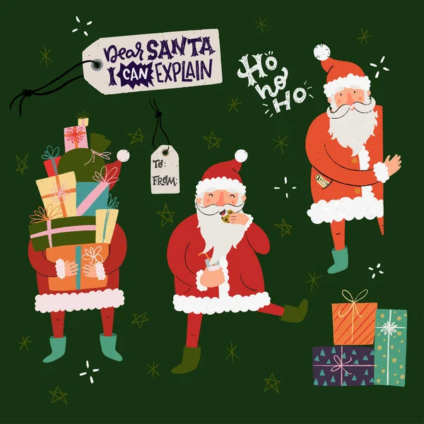 Drei Handgezeichnete Weihnachtsmänner Die Einen Riesigen Stapel Geschenke Der Hand — Stockvektor