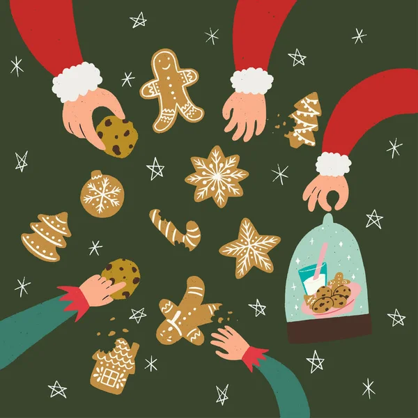 Conjunto Manos Dibujadas Mano Santa Claus Elfos Agarrando Una Galleta — Vector de stock