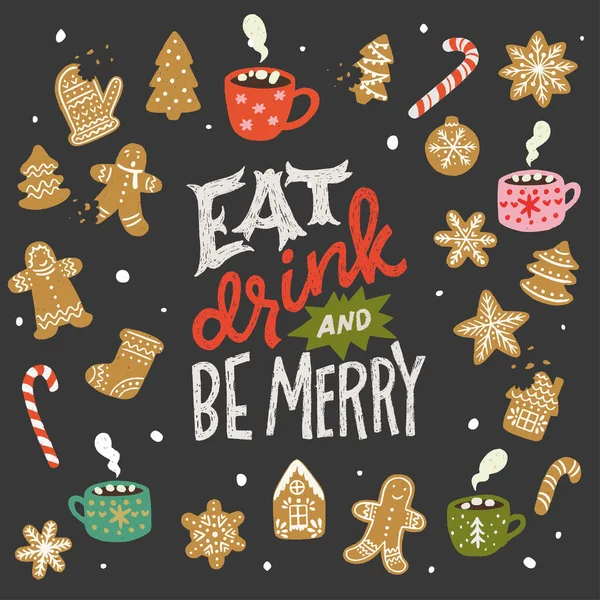 有字母题词的贺卡 吃喝玩乐 圣诞晚会上用手绘姜饼 热巧克力和可可杯 糖果的框架传达出的时尚信息 — 图库矢量图片