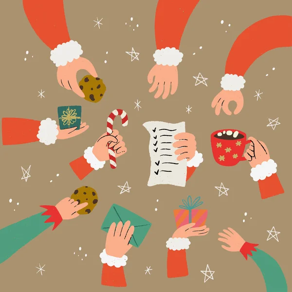 一组手绘圣诞老人和小精灵的手拿着名单 糖果手杖 杯子和热巧克力 礼品盒 抓起饼干和伸出手来弄脏了 假日圣诞贴纸 — 图库矢量图片