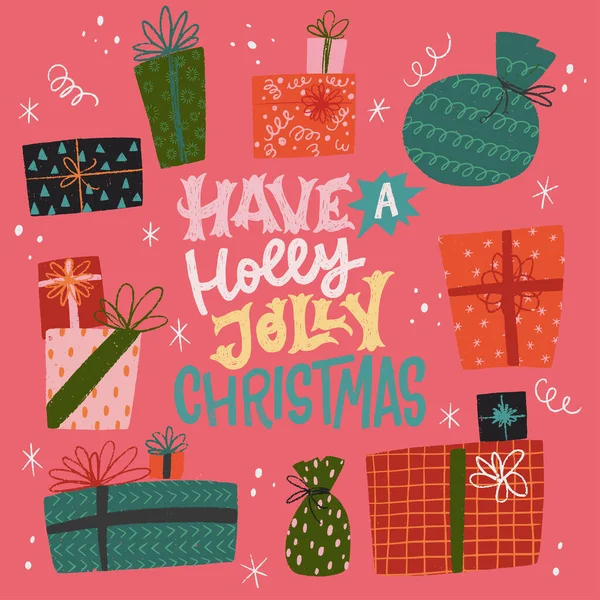 Have Holly Jolly Christmas Lettering Phrase Frame Gift Boxes Presents — Stock Vector
