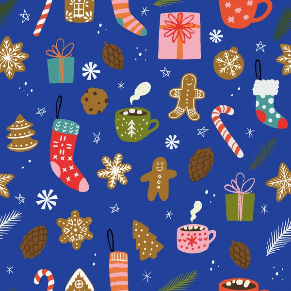 寒假无缝图案 附有手绘漫画糖果 糖果棒 热巧克力杯 圣诞礼物袜 礼品盒和礼物 舒适的圣诞背景 图库矢量图片