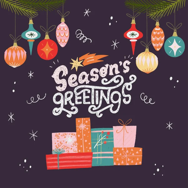 Hand Lettering Phrase Seasons Greetings Hand Drawn Pile Presents Gift — Stock Vector