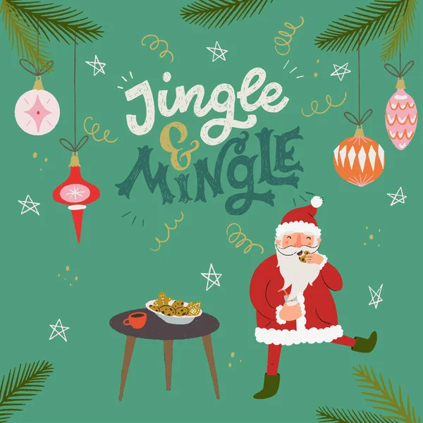 Jingle Dan Mingle Tulisan Prasasti Dan Tangan Ditarik Santa Clause - Stok Vektor