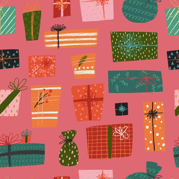 Winter Holiday Seamless Pattern Hand Drawn Cartoon Presents Gift Boxes — ストックベクタ