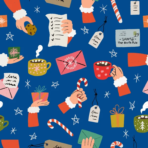Winter Holiday Seamless Pattern Hand Drawn Cartoon Santa Hands Holding — стоковый вектор