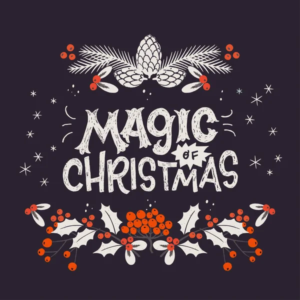 Hand Lettering Phrase Magic Christmas Flat Style Borders Made Winter — Vector de stock