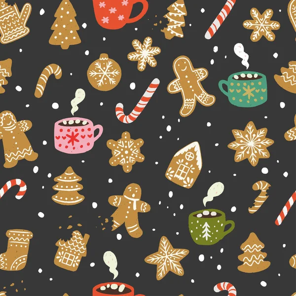 Winter Holiday Seamless Pattern Hand Drawn Cartoon Sweets Gingerbread Cookies — Stockový vektor