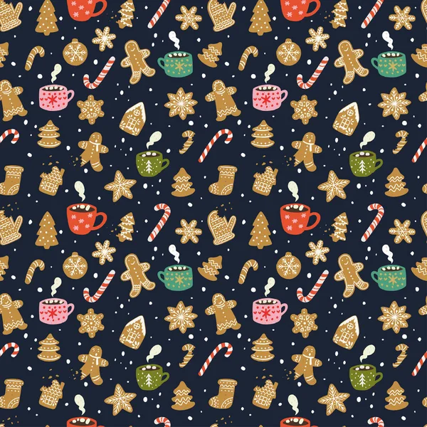 Winter Holiday Seamless Pattern Hand Drawn Cartoon Sweets Gingerbread Cookies — ストックベクタ