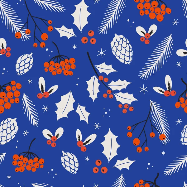 Winter Forest Seamless Pattern Hand Drawn Leaves Branches Berries Pine Vetores De Stock Royalty-Free