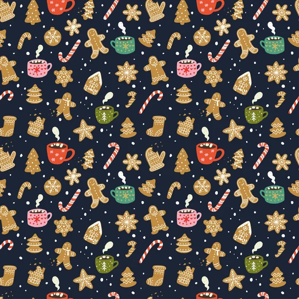 Winter Holiday Seamless Pattern Hand Drawn Cartoon Sweets Gingerbread Cookies Illustrazione Stock