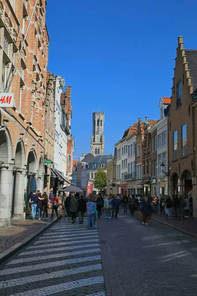 Brugge Belgium October 2021 View Shopping Street People Church Tower — Stock Photo, Image