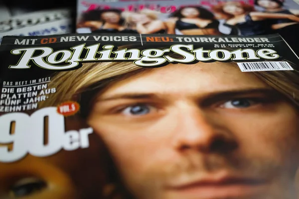 Viersen, Germany - May 9. 2021: Closeup of rolling stone paper print music magazine cover with story about nirvana singer kurt cobain