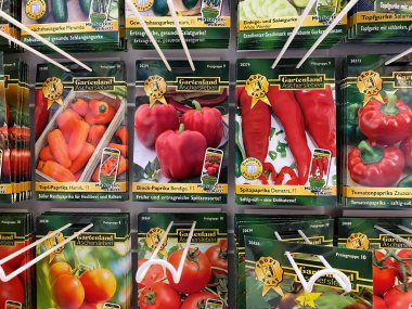 Viersen, Almanya - 9 Ocak. 2022: Alman dükkanında sebze ekmek için çeşitli tohum paketleriyle rafta görüntüle (merkeze odaklan)