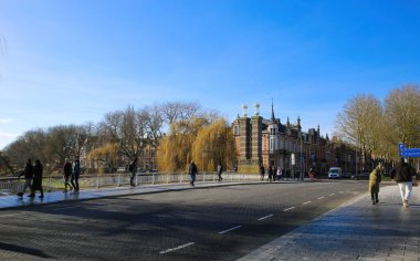 Hertogenbosch, Hollanda - 9 Şubat. 2022: Mavi kış gökyüzüne karşı çıplak ağaçlarla istasyon köprüsüne bakın