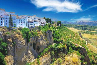 Antik köy Ronda 'nın panoramik manzarası kayalığın kenarına yakın, kırsal tarım arazisi Endülüs, İspanya