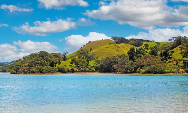 Beautiful Dreamlike Landscape Seascape Lush Green Hills Blue Sky Fluffy — стоковое фото