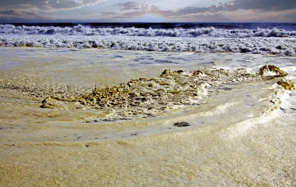 Beautiful White Ocean Beach Landscape Breaking Waves Brown Foamy Bubbling — Foto de Stock