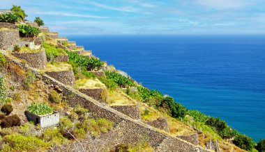 Güzel manzaralı kültürel tarım taşları kıyı manzarası, mavi sakin Atlantik okyanus denizi Valle Grand Rey, La Puntilla, La Gomera