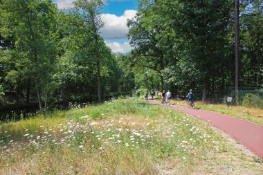 Eindhoven, Hollanda - 17 Temmuz. 2022: Su kanalı, yeşil orman ve bisikletçi grubu boyunca güzel kırmızı nehir kenarı bisiklet yolu