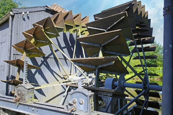 Closeup Two Undershot Water Grist Oil Mill Metal Wheels Wooden — Stockfoto