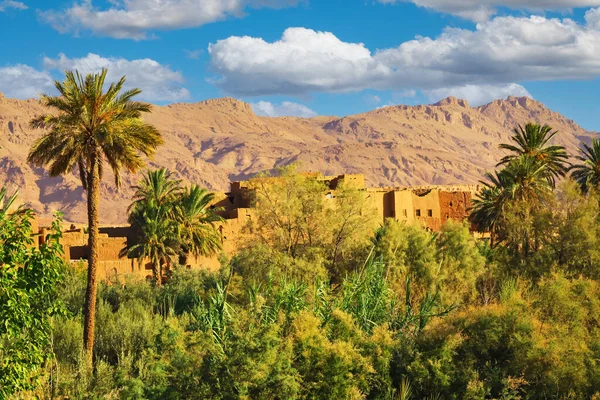 Beautiful idyllic Atlas mountains palm tree oasis valley, typical moroccan clay house kasbah village - Tinghir (Tinerhir), Morocco