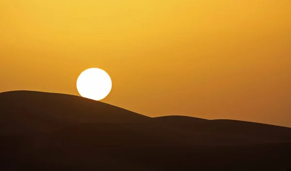 Gold Yellow Sunset Circular Full Sun Ball Silhouette Desert Sand — ストック写真