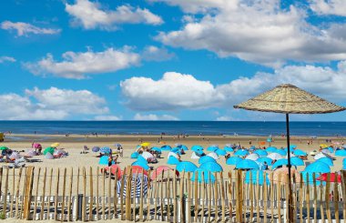 Zandvoort, Netherlands - August 12. 2022: Beautiful dutch north sea coast landscape, relaxing sand beach, ocean horizon, blue summer sky, typical shell shelters