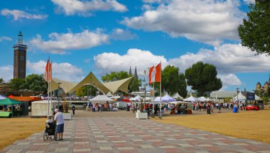Cologne (Fischmarkt, Tanzbrunnen) - July 29. 2022: Sunday fish market at rhine park in summer