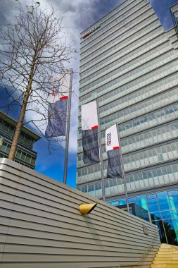 Cologne (Kennedyplatz), Germany - July 9. 2022: View on modern skyscraper against blue sky, Lanxess headquarters