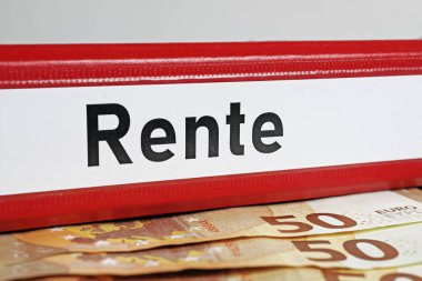 Almanca Rente (engl) ile izole edilmiş kırmızı dosya dizininin kapatılması. Çeviri: emeklilik, euro para nakit banknotları