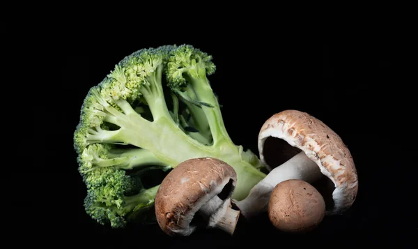 Sliced Green Broccoli Background Fresh Brown Mushrooms Foreground Lie Side — Stock Photo, Image