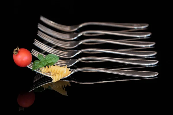 Large Metal Fork Pasta Basil Tomato Background Empty Forks Row — Stock fotografie