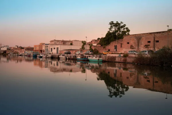 Sun Rising Port Mazara Del Vallo Sicily Sky Reflected Water — Stock Fotó